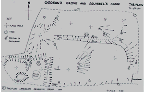 Plot of the measurements taken using the plane table.  The thicker end of each hatched line indicates the higher ground.